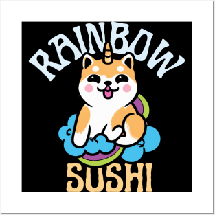 Shiba Inu Unicorn Kawaii Illustration With Rainbow And Cloud Posters and Art